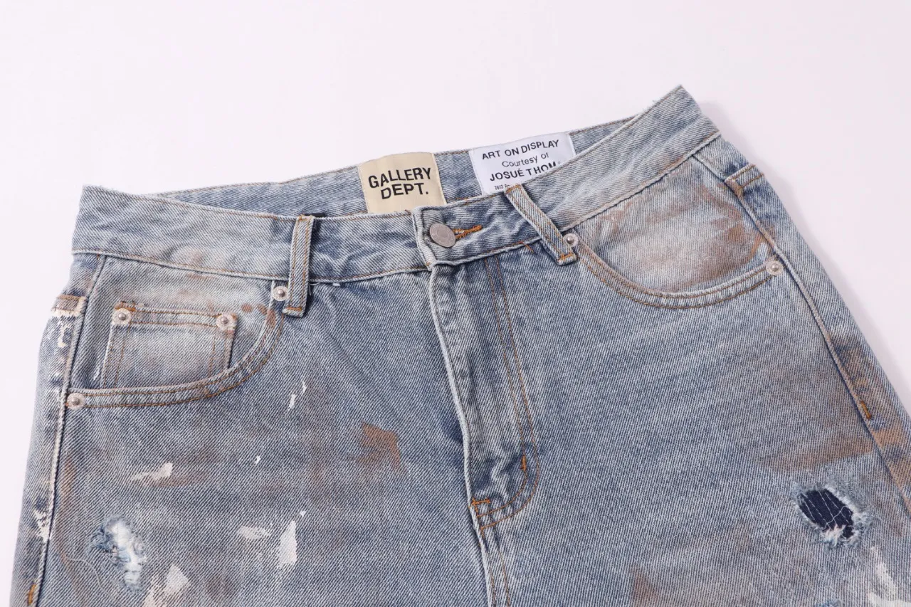 672#Gallery Dept New style distressed vintage dirty wind splashed paint holes pierced washed small straight legged jeans American high street casual trousers washed blue S～XL P250